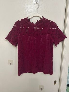 Anthropologie Teresa Mock Neck Lace Top in raspberry